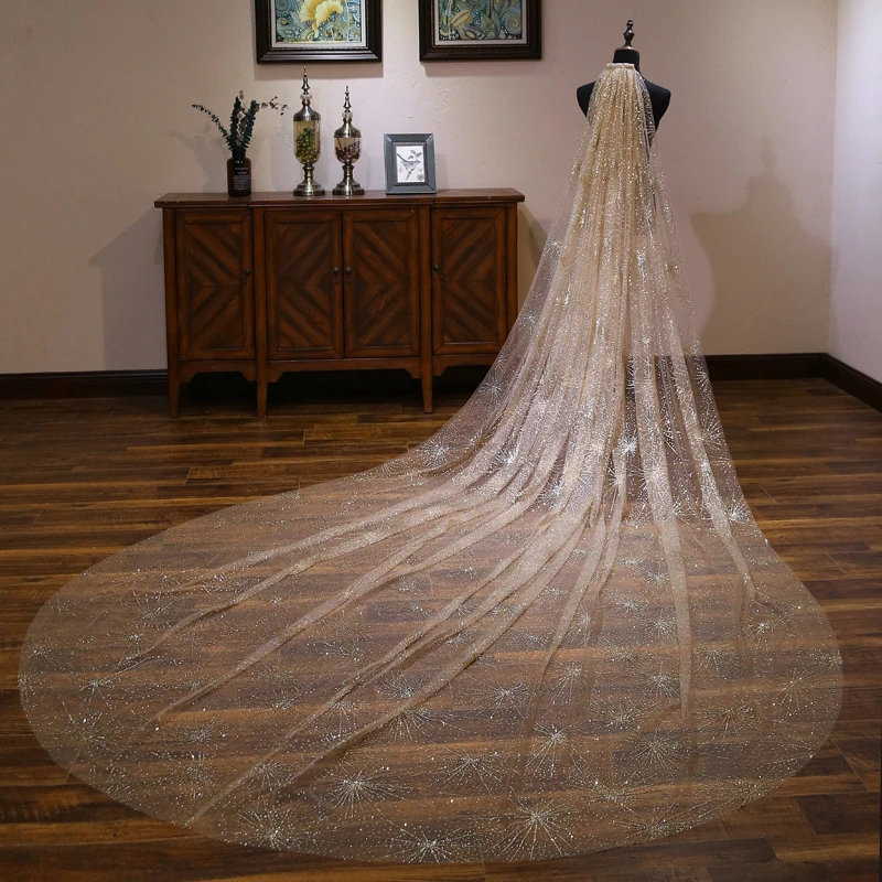 New Arrival Champagne Bridal Veils Sequine Lace Veil 3 Meter Long wedding accessories with Comb Voile mariage Veu de noiva