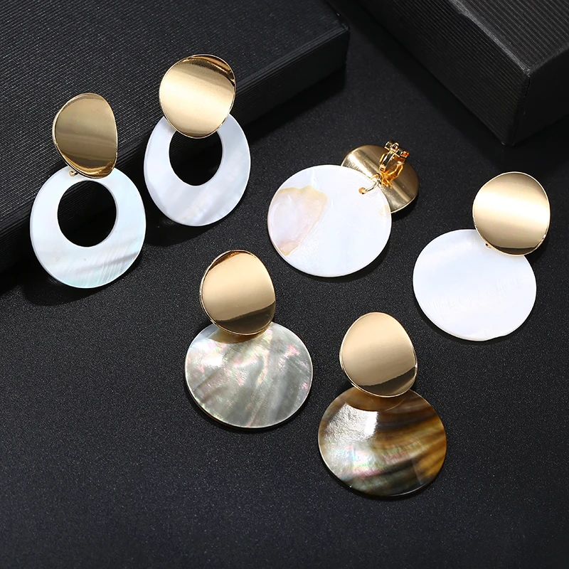 2019 New Design Golden Natural Round Shell Non Pierced Clip on Earrings Ear Clips for Women Bijoux Brincos Party Gift jewellry