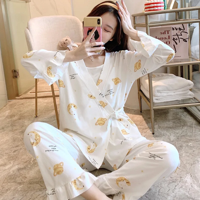 

3PCS/Set Printed Cotton Maternity Nursing Pajamas Spring Autumn Breastfeeding Sleepwear Clothes for Pregnant Women Pregnancy Set