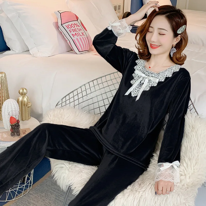 

Pajamas Set Gold Velvet Lace Sexy Nightgowns Female Yukata Winter Korean Home Service Set Sleepwear Hot Sale Nightwear