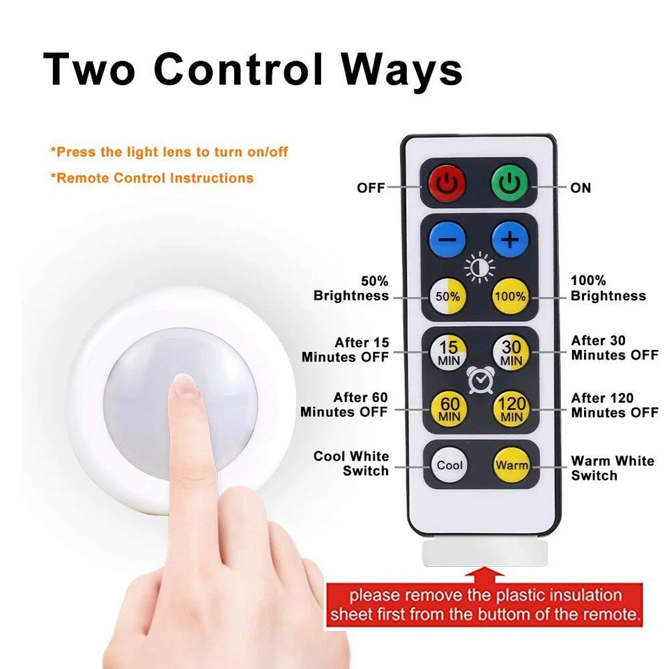 Wireless Dual Color LED Night Light Puck Light with Remote Control Dimmable Touch Sensor for Cabinet Closet Kitchen Lighti