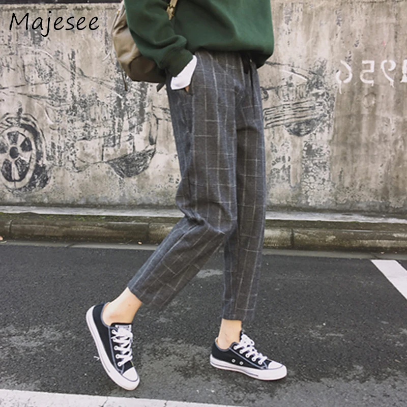 High Waist Retro Plaid Chic Pockets Harem Pants School Student Stretch Trousers Women Casual Korean Style Womens Trendy 2 Colors