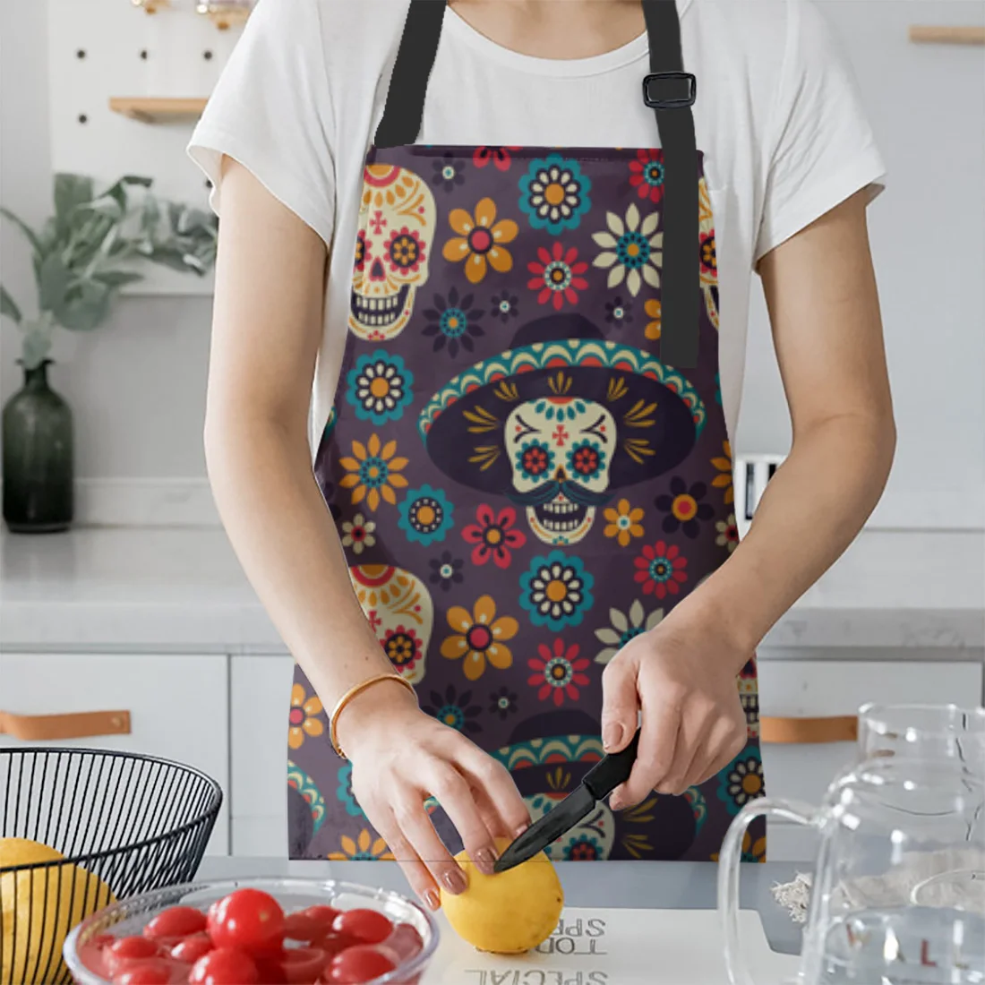 Mexico Skull Flower Round Red Blue Apron Cuff Kitchen Aprons Home Cooking Baking Waist Bib Aprons for Woman