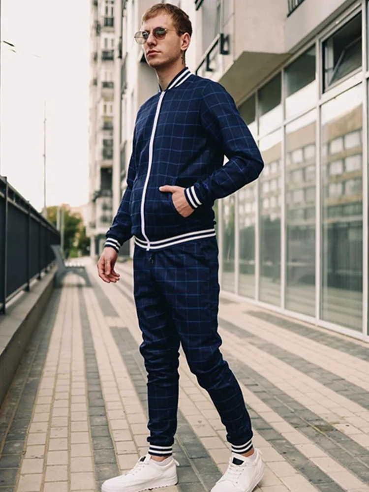 Europe United States Casual Sportswear Suits Autumn New Stand-Up Collar Zipper Cardigan Jacket Grid Sweatpants Men\'s Clothing