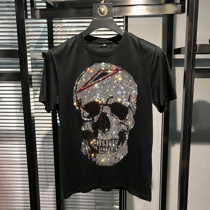 Hot Rhinestone Skull Men's T-Shirt Trend Slim Handsome Mercerized