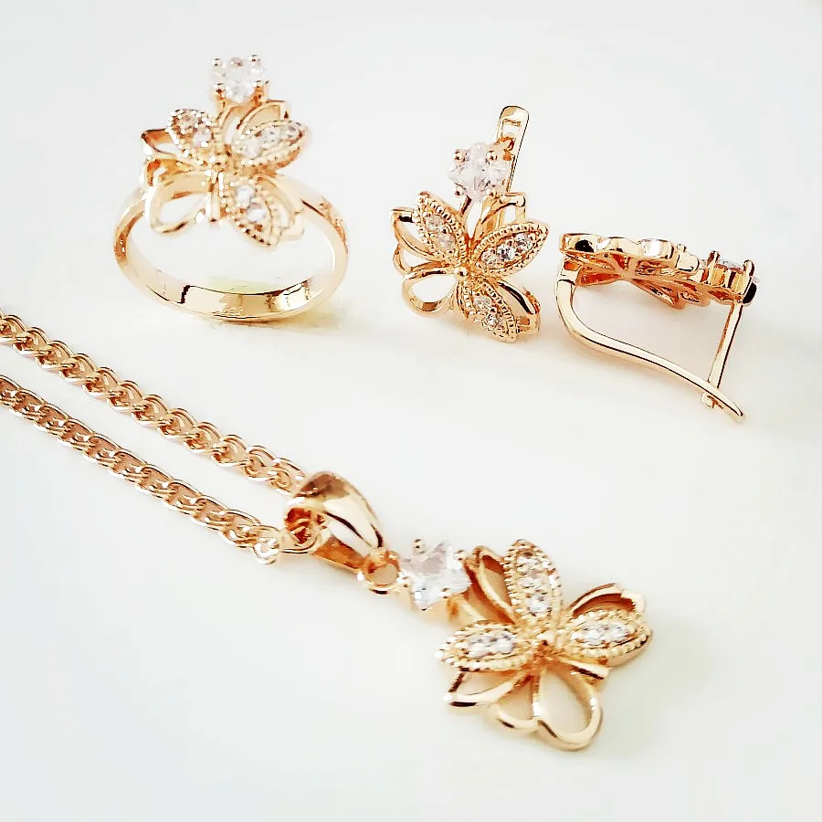 New Fashion  Exquisite Flower Design Earring+Ring+Necklace Jewelry Sets