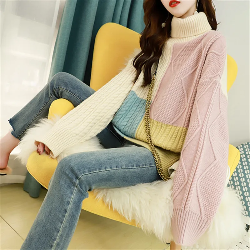 Koreanische Winter Rollkragen Stricken Pullover Frauen 3 Farbe Pullover Damen Jumper Lose Dicke Warme Hohe Kragen Gestrickte Pullover Weibliche