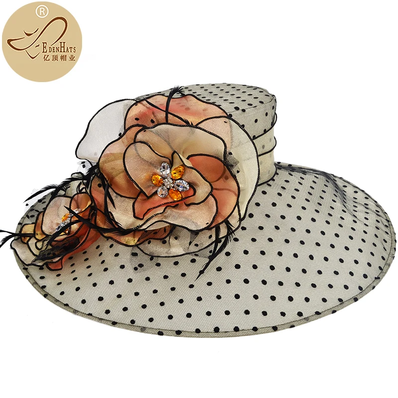 Cappello da donna in Organza con piume e spilla cappello da spiaggia floreale cappello S10-2452