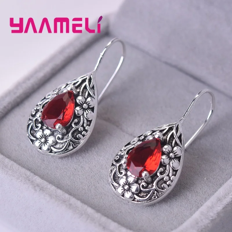 Retro Palace Royal Style Waterdrop Earring for Women Antique 925 Sterling Silver Red Zircon Flower Carving Pendientes