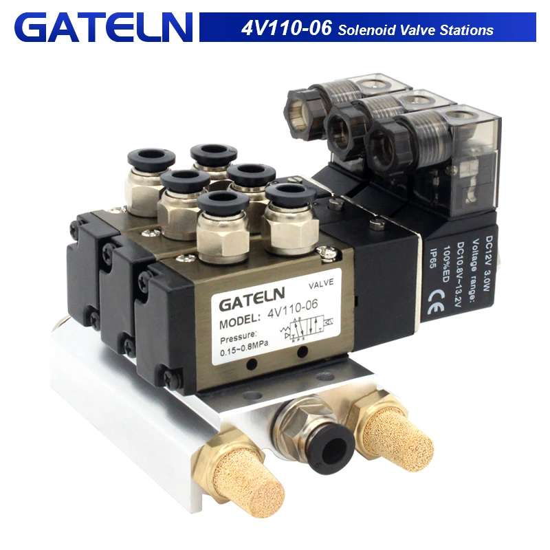 

4V110-06 DC24V 12V AC220V AC110V 2 Positions 5 Way Quadruple Solenoid Valve Aluminum Base Fitting Mufflers Set 3 4 5 6 Stations