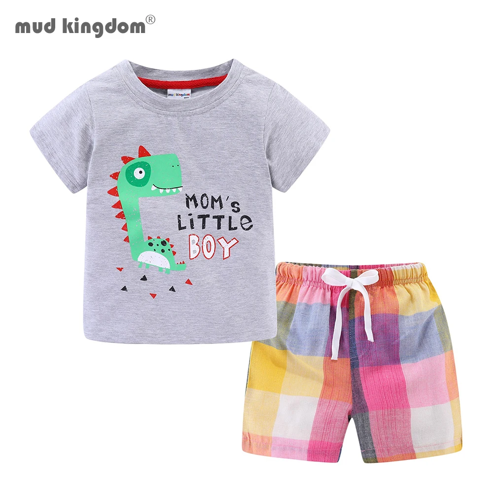 

Mudkingdom Summer Plaid Short Set for Boys Beach Holiday Outfits Dinosaur Cars Cute T-Shirt and Drawstring Kids Clothes Suit