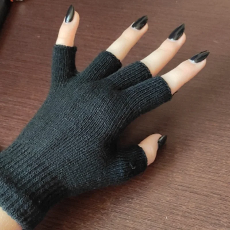 Gants sans doigts demi-doigts noirs unisexes pour femmes et hommes, gants de poignet en tricot de laine, gants de travail chauds en coton pour