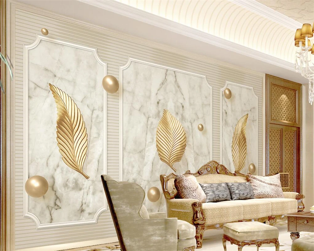 Custom wallpaper golden leaf ball mural 3d stereo marble texture background wall living room bedroom decoration papel de parede