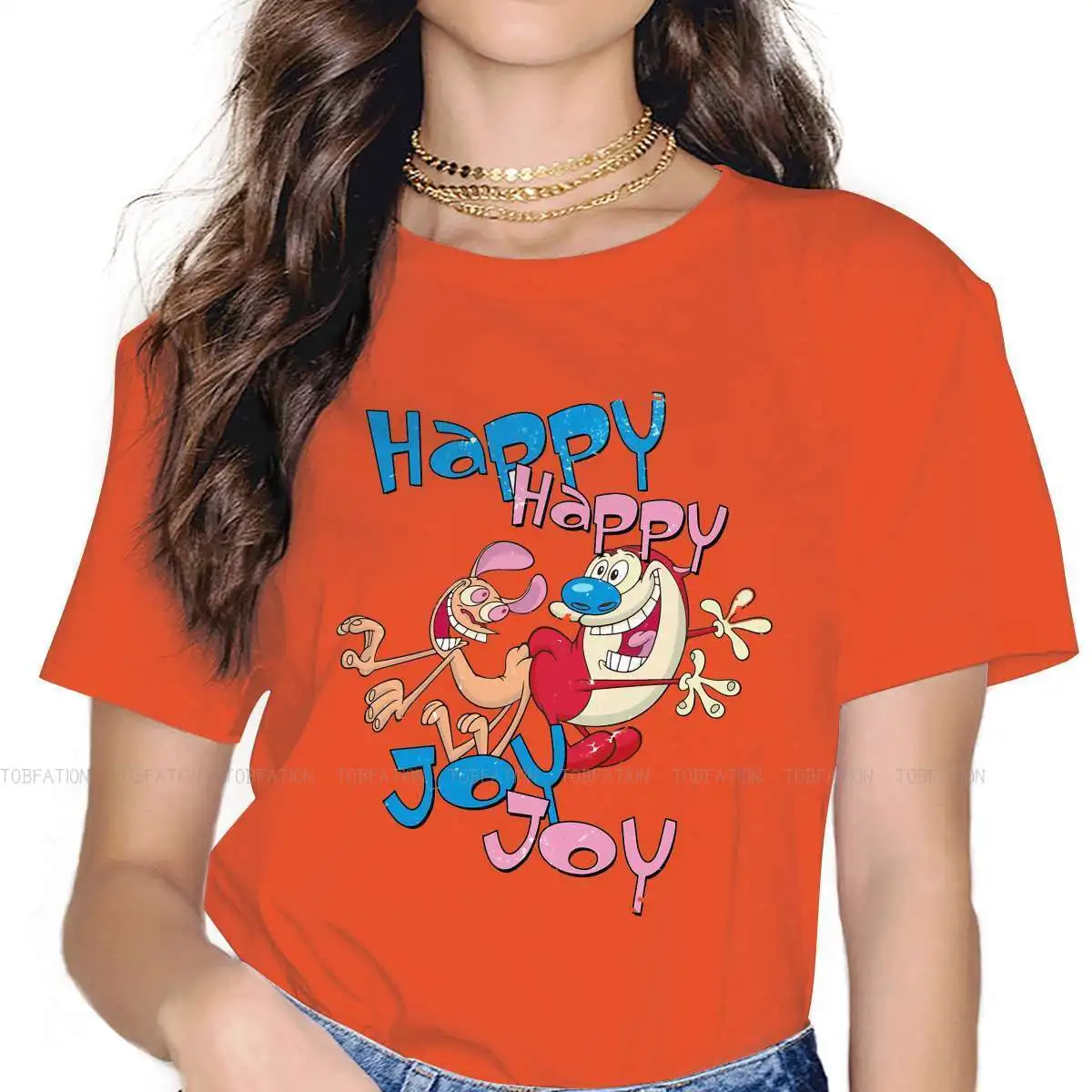 Happy Joy 4XL TShirts The Ren Stimpy Show Comedy Fantasy Girl Harajuku Fabric Streetwear T Shirt Round Neck Oversized