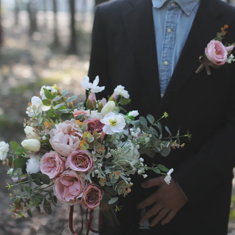 JaneVini 2020 Nieuwe Romantische Blush Roze Bruiloft Bloemen Bruidsboeket Kunstzijde Rozen Hortensia Bruidsboeket Accessoires