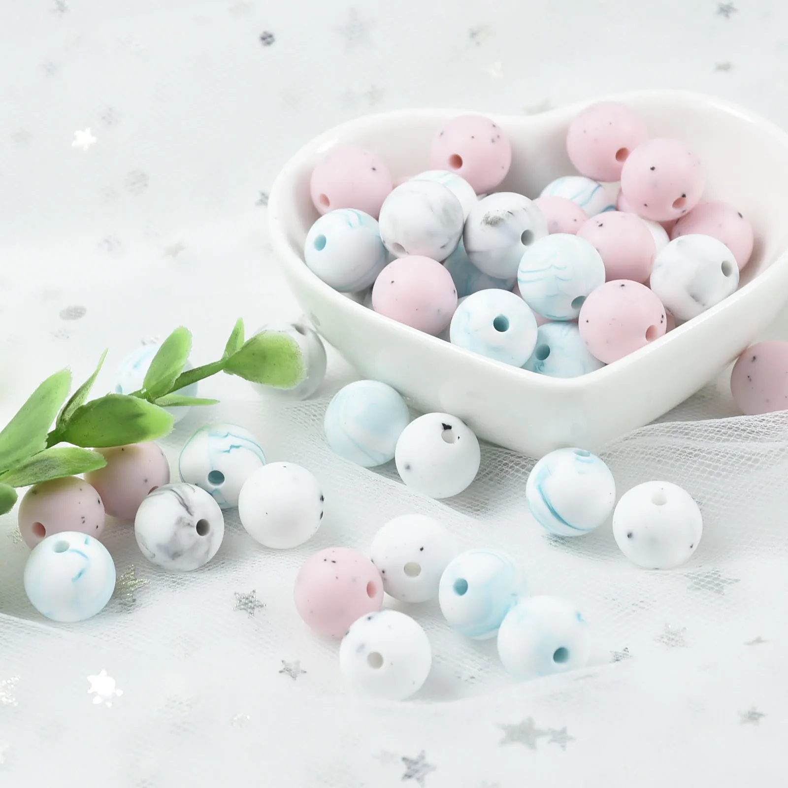 40 PCS 12MM Marble White Pink Gritty Round Silicone Beads DIY Pacifier Chain Teething Beads Baby Silicone Pendant Perle BPA Free