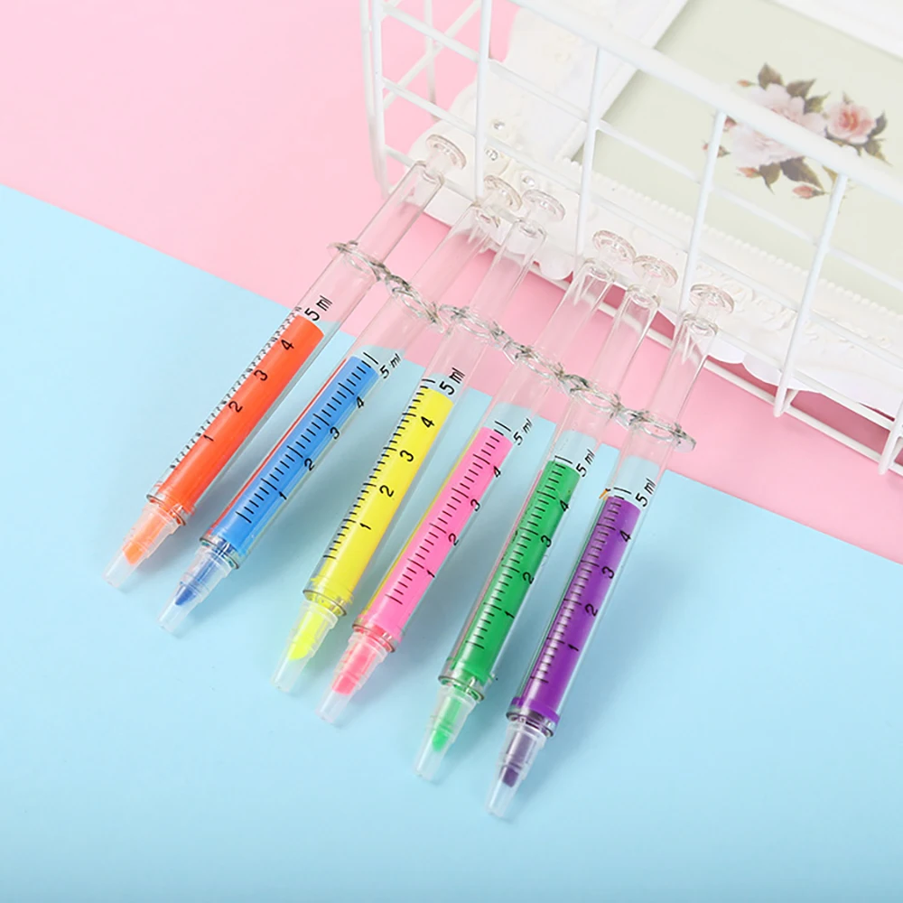 6Pcs น่ารักสร้างสรรค์เข็มฉีดยาสี Highlighter Marker ปากกาเด็กนักเรียน Marker ภาพวาดสีปากกาสำนักงานเครื่องเขียน