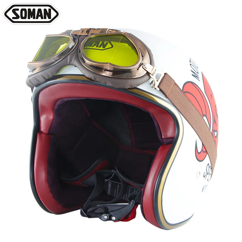 

SOMAN Vintage Motorcycle Helmet with Goggles Retro Helm Open Face Motorbike Cascos de Moto SM512