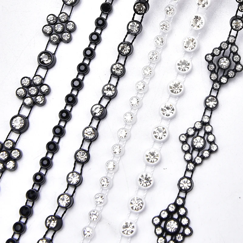 10 Yards/Lot Rhinestone Trim Clear Crystal Stone Chain 2.5-5mm White Black Round Embellishment Ribbon Sew On DIY Accessories