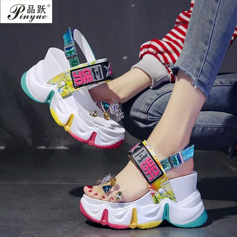 New Women Summer Wedge Sandals Transparent PVC Crystal Chunky Platform Shoes Woman Rainbow Thick Bottom Sandalias