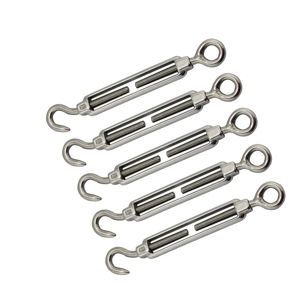 

5PCS Stainless Steel 304 Turnbuckle M8 Hook And Eye Wire Rope Turnbuckles For Shade Sail Hardware Kit