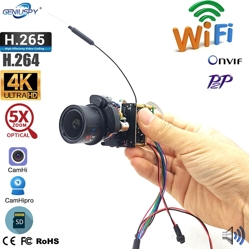 Camhi 8MP 4K HDWireless Wifi Security IP Camera Module With Audio TF Card Slot  5X Auto Focus Optical Zoom CCTV Surveillance Cam