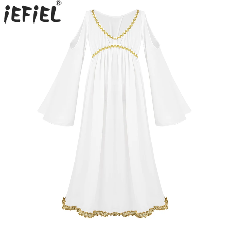 Kids Child Roman Grecian Greek Athena Goddess Cosplay Dress Girls Gold Trim Halloween Costume  Role Play Party Long Fancy Dress