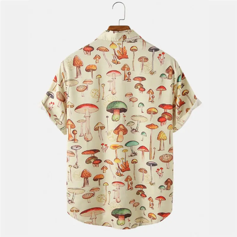 Nieuwe zomer heren Hawaiiaanse stijl shirt mode casual streetwear turn-down kraag korte mouw cartoon paddestoel strand bedrukt shirt