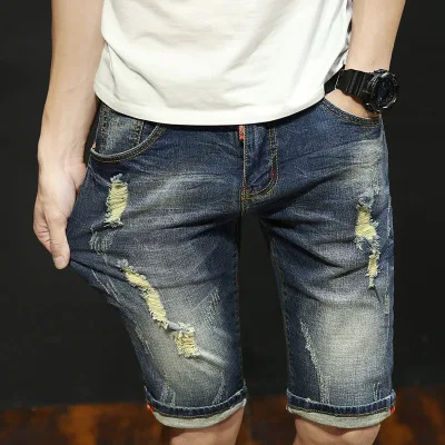 

2020 Korean fashion slim 5 points jeans men's stretch hole small feet denim short retro blue Denim shorts