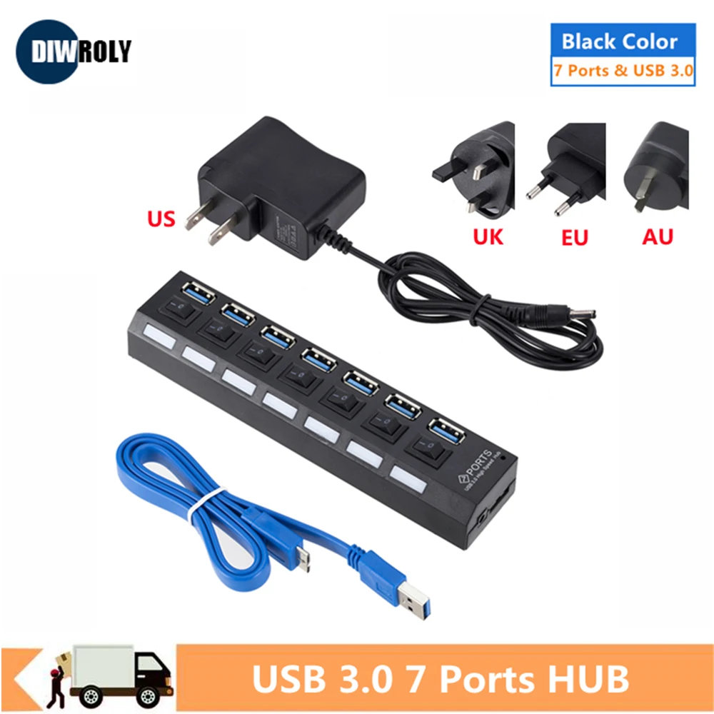 Hub USB com interruptor para computador PC, multi divisor, adaptador de energia, 7 portas expansor múltiplo, USB 3.0 Hub