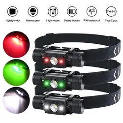 16W L2+2*XPE Mini Headlight White+Green/Red/White Headlamp 7-Modes USB Charging Flashlight Camping Hunting Frontal Head Lantern