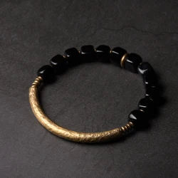 Cubic Black Obsidian Stone Golden Metal Bracelet With Handcrafted Antique Brass Accessories Trendy Jewelry for Male Female