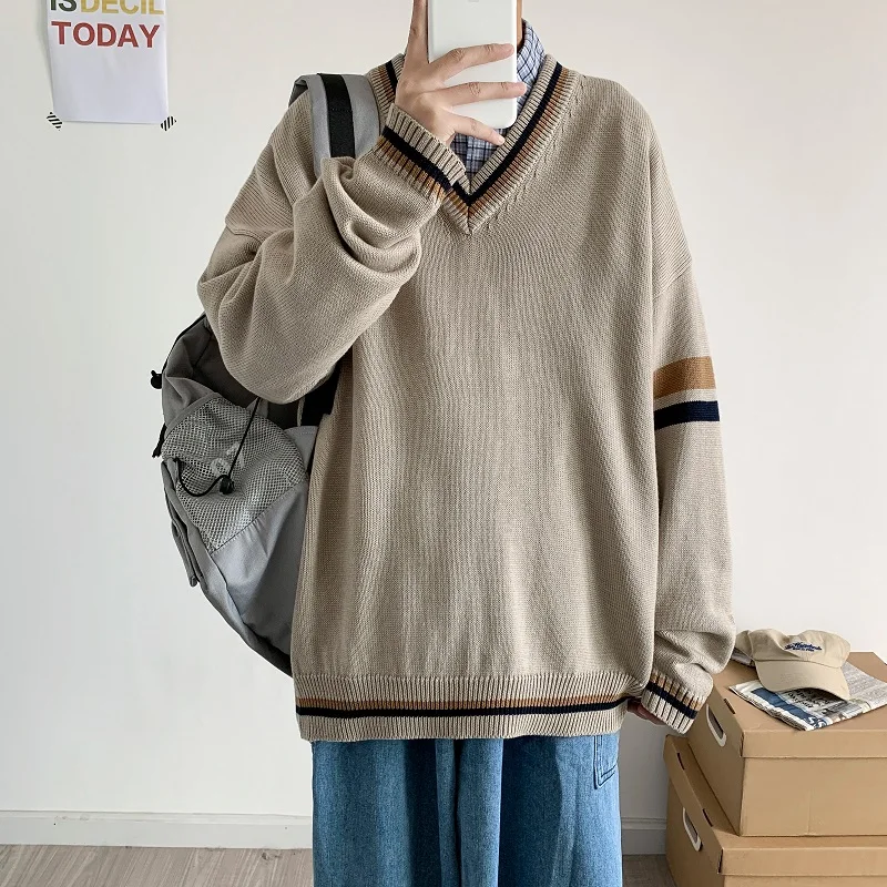 V-neck Spliced Pullover Sweaters Men Autumn Vintage Knitted Clothing Loose Student Harajuku BF College Japanese Jumper Homme Top