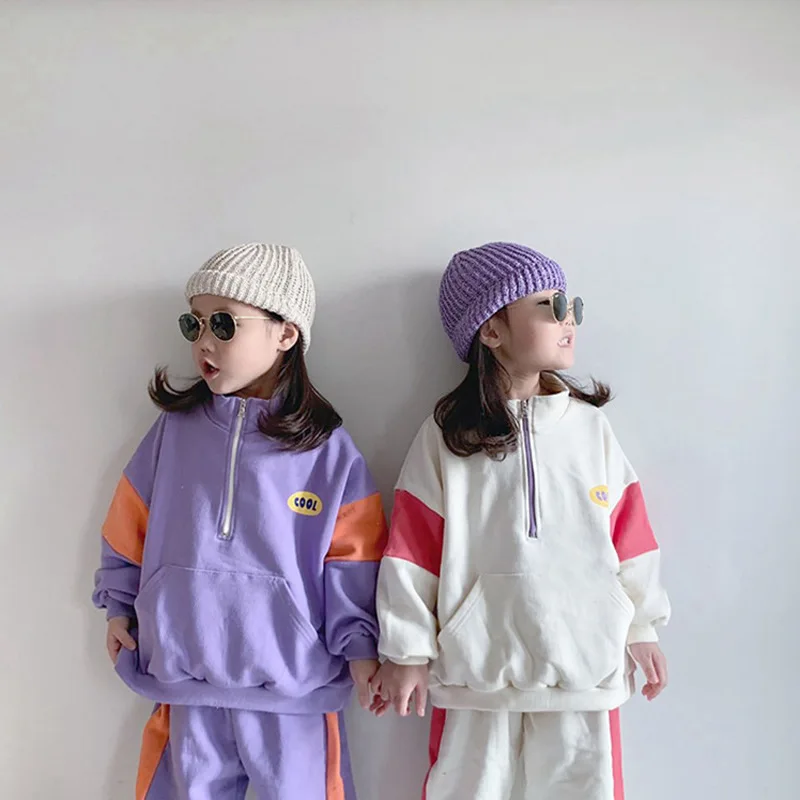 2021 Autumn Boys Girls Sweatshirt Clothing Sets Baby Kids Tops+ Sports Pants 2pcs Children Vintage Patchwork School Uniform