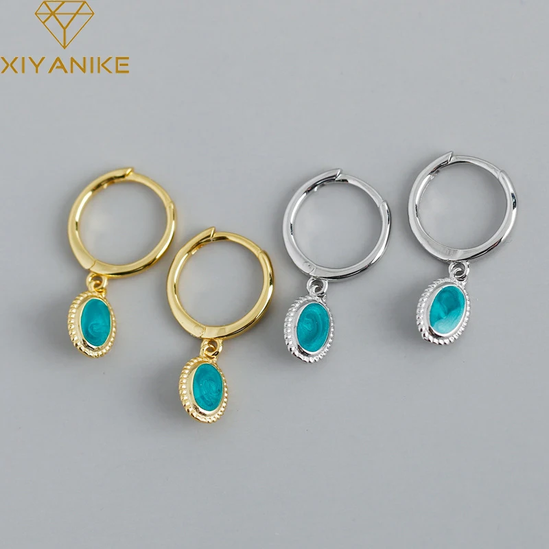 XIYANIKE Silver Color  2021 New Oval Green Enamel Pendant Hoop Earrings For Women Fashion Big Gemstone Custom Jewelry Gift