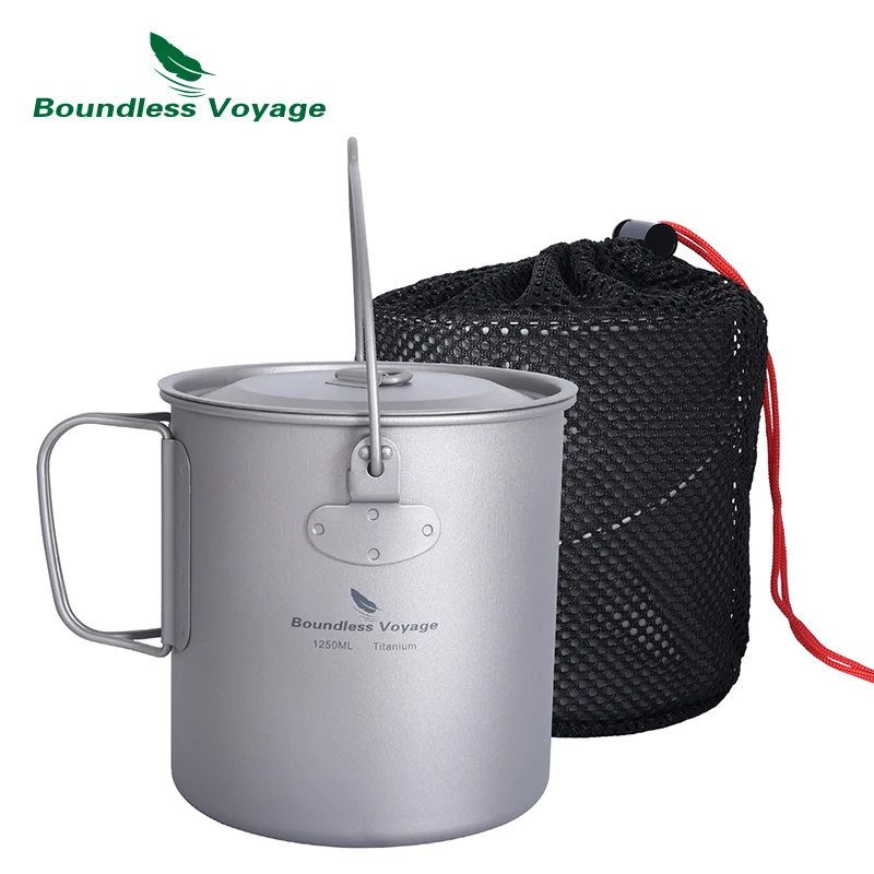 Boundless Voyage Camping Pot Titanium Mug with Lid 1250ml Outdoor Water Tea Coffee Cup Lightweight Protable Cookware Tableware