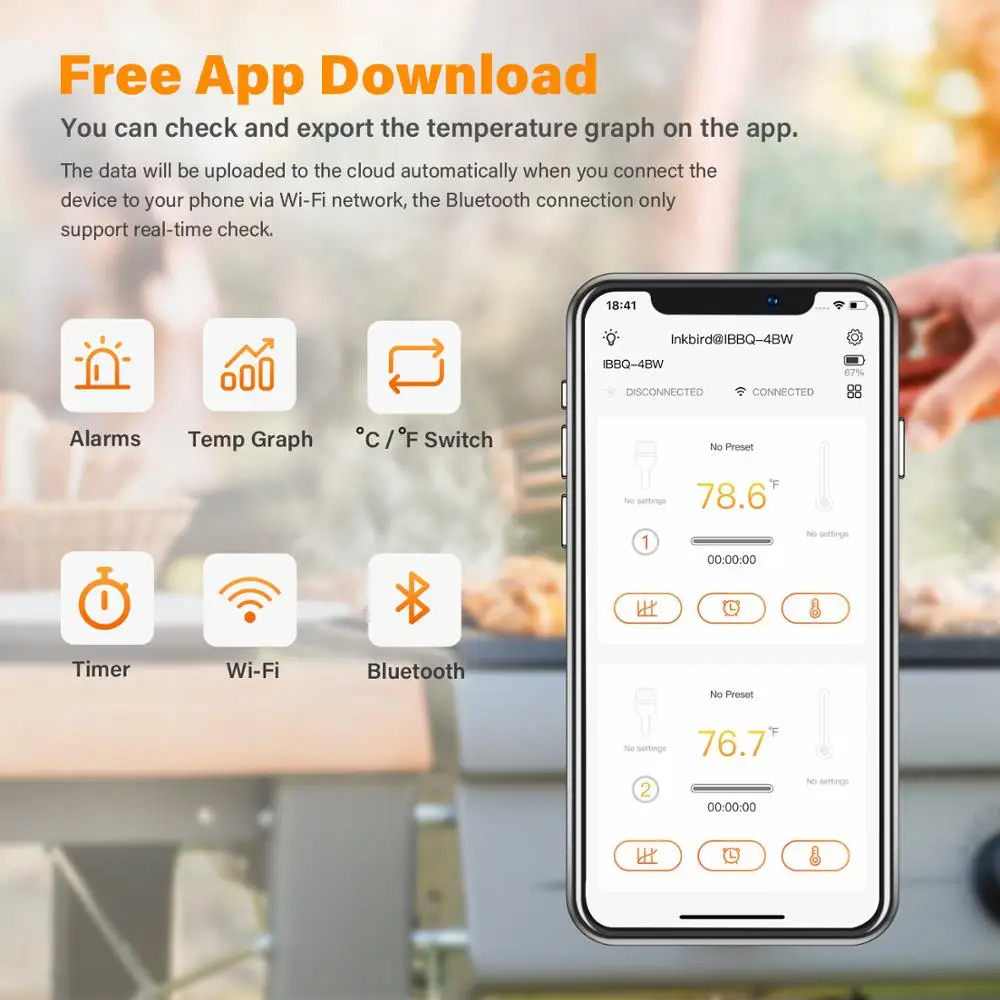 INKBIRD IBBQ-4BW Wi-Fi&Bluetooth Digital Grill Thermometer Rechargeable Wireless BBQ Thermometer with 4 Probes Temp Graph Alarm\\