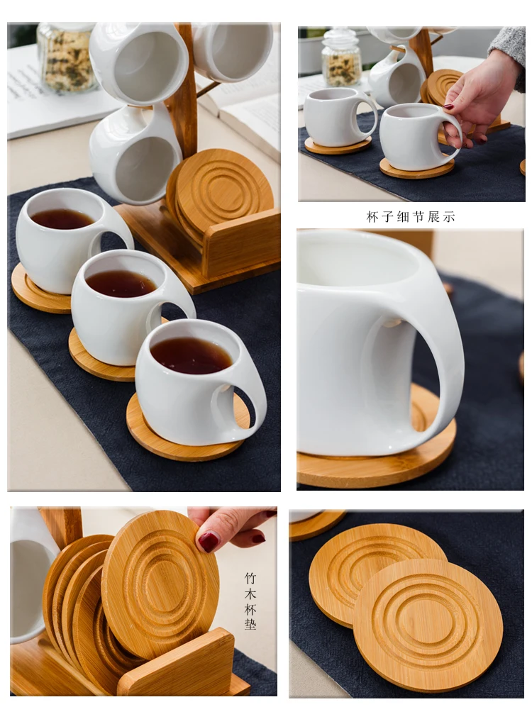 Simple Ceramic Tea Pot Set 190ml Tea Cup, Coffee Cup, Three-dimensional Bamboo and Wood Support, Striped Anti-skid Coaster