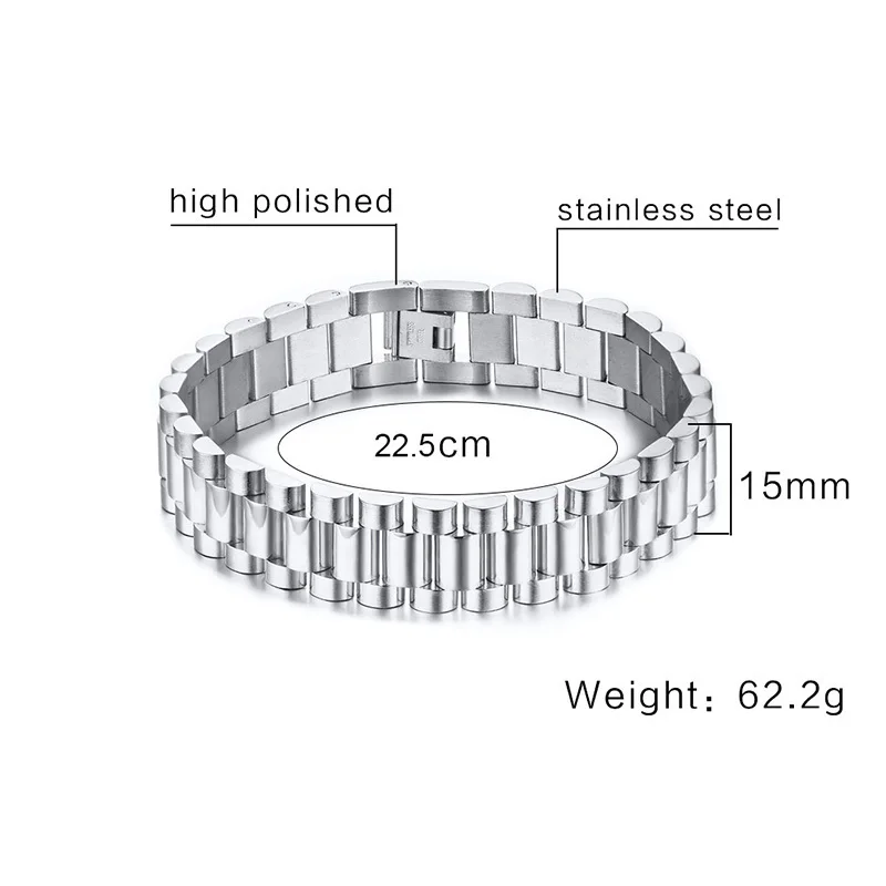 MEN LUXURY BRACELET,15MM STAINLESS STEEL DUDES ROLLIE HIP HOP BRACELET FOR MEN WRISTBANDS MALE JEWELRY