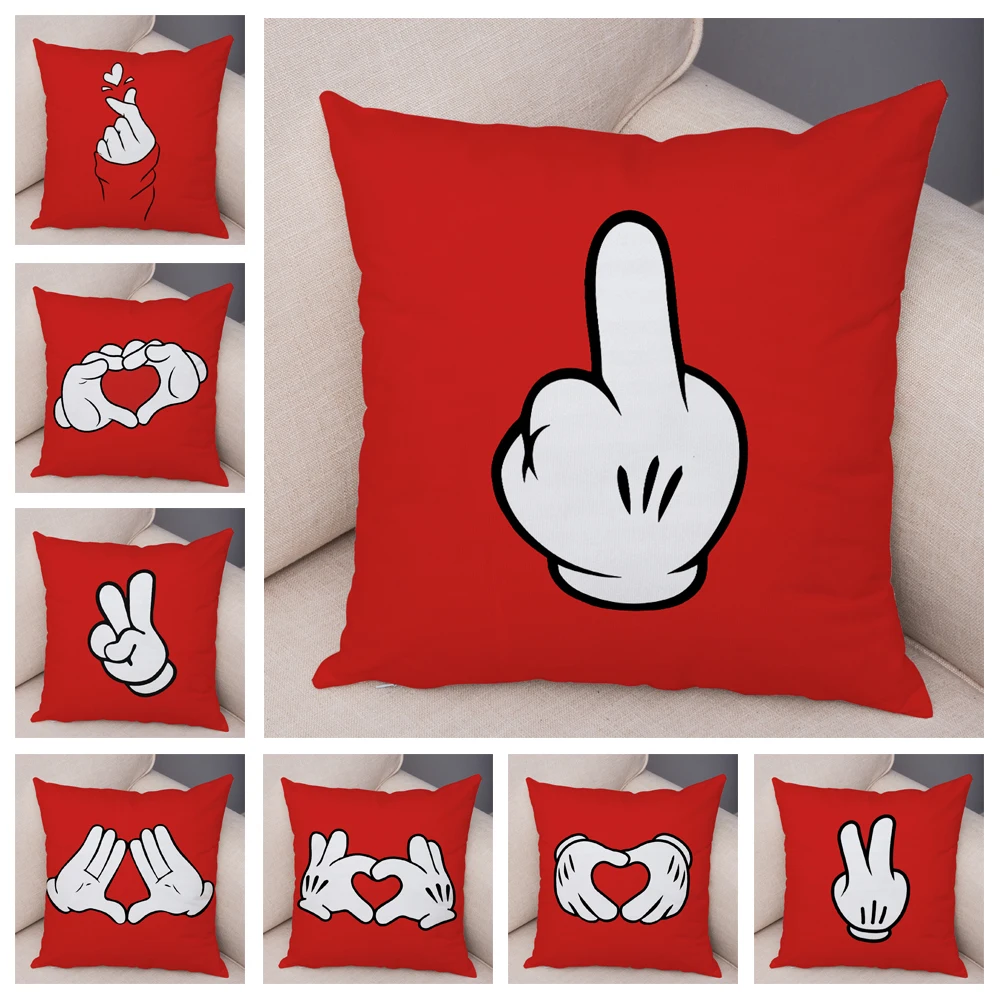 Nordic Style Red Finger Gesture Cushion Cover for Sofa Home Children Room Decor Cartoon Print Pillow Case Soft Plush Pillowcase