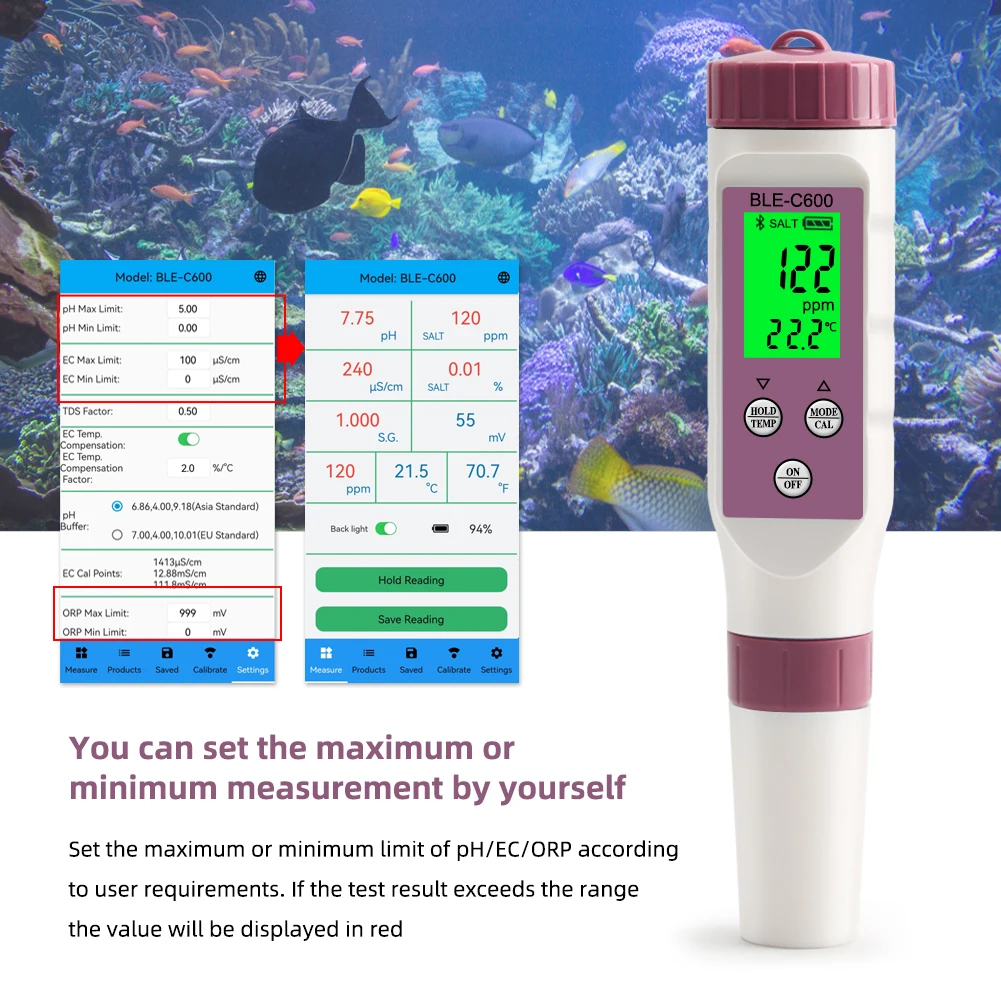 Imagem -04 - Medidor de ph Bluetooth Qualidade da Água Testador Acidez Temperatura Orp ec Tds Salinidade S.g Controle App On-line para Beber Aquário Hidropônico