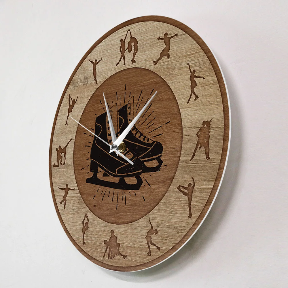 Figure Skating Wood Texture Printed Wall Clock Girls Room Silent Hanging Wall Watch Winter Sport Home Decor Ice Skaters Gift