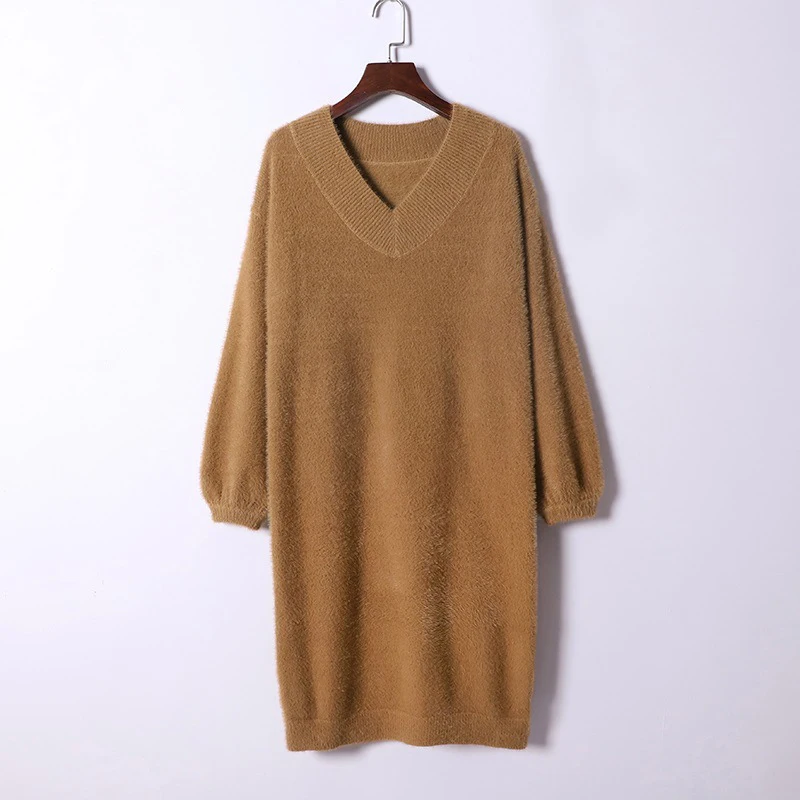 HLBCBG V Neck Long Sleeve Sweater Dress Women Autumn Winter Loose Tunic Knitted Casual Clothes Above Knee Mini Solid Dresses