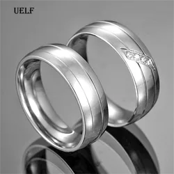 Uelf  Stainless Steel Wedding Ring For Lovers IP SILVER Color Crystal CZ Couple Rings  Men Women Engagement Wedding Rings