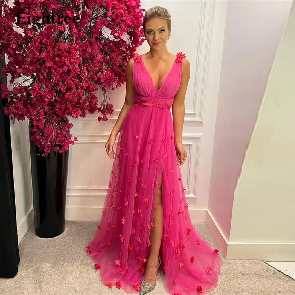 Eightree Plum Pink Slit 3D Flower Prom Dresses Formal Evening Party Night Gowns V Neck Sleeveless vestidos festa Graduation Gown