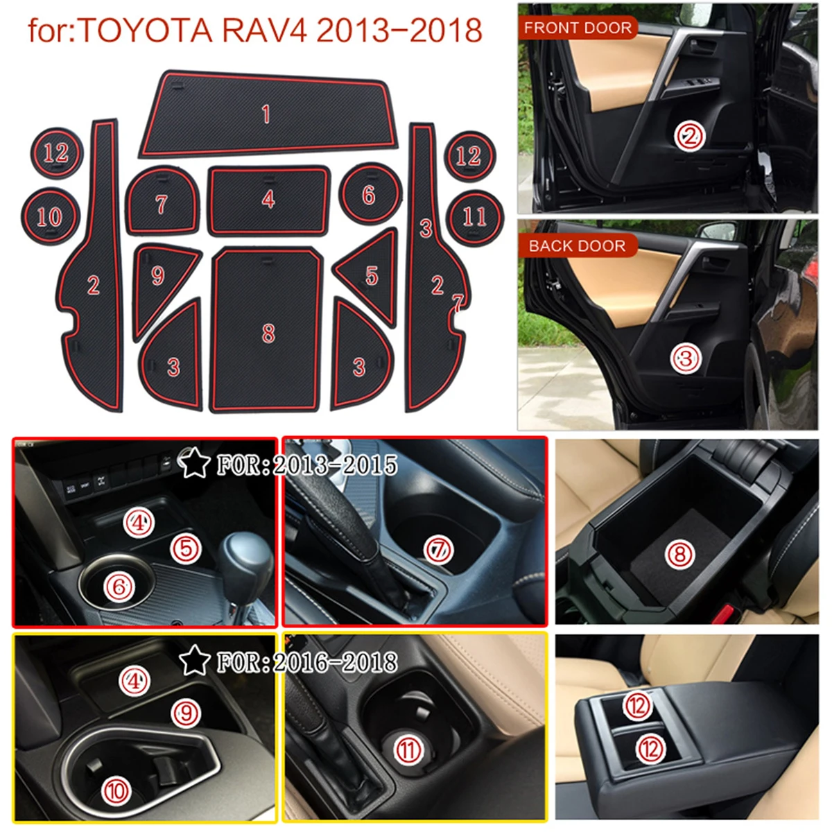 15pcs for Toyota RAV4 2013-2018 Anti-Slip Gate Slot Mat Rubber Coaster Accessories for RAV 4 2013 2014 2015 2016 2017 2018