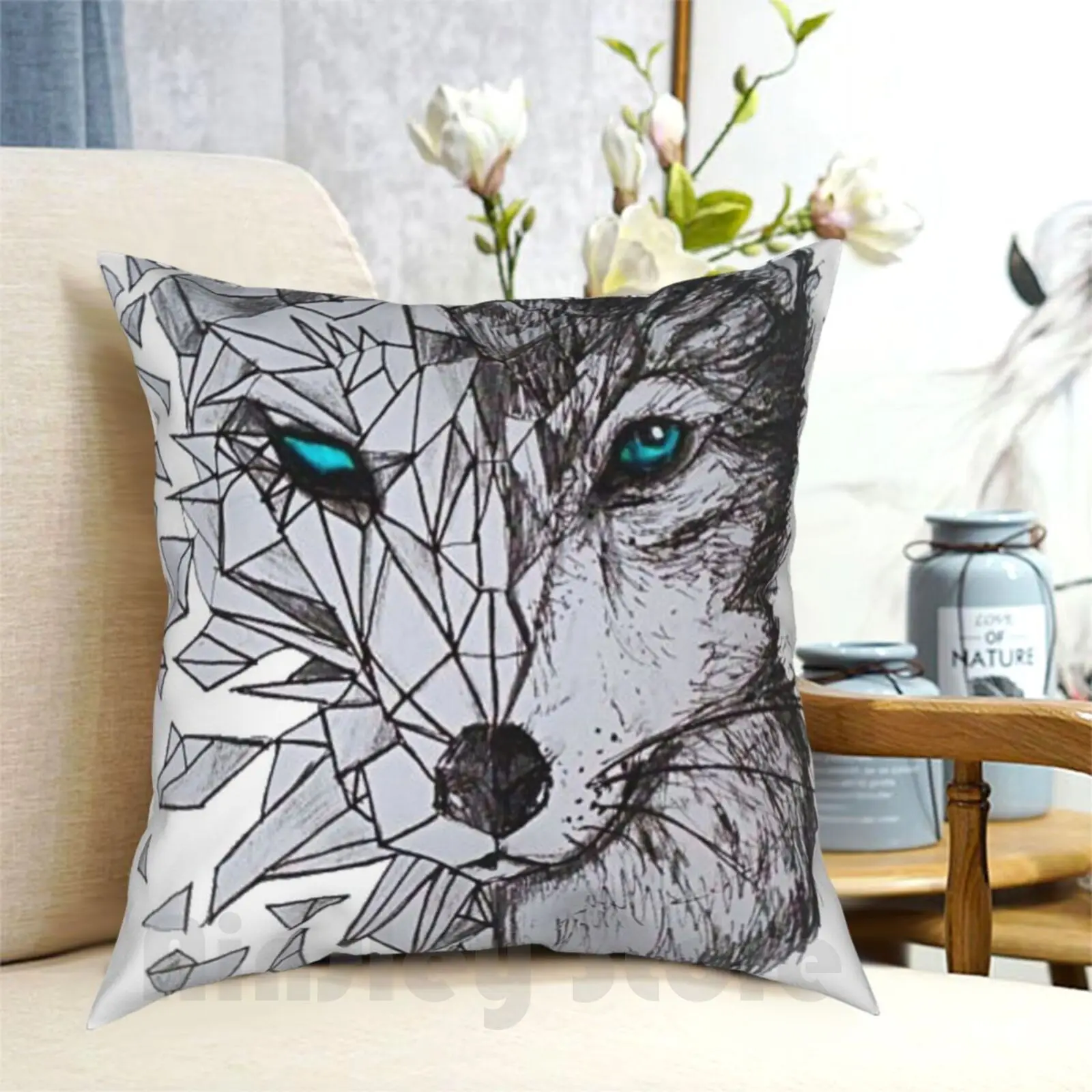 Geometric Wolf Pillow Case Printed Home Soft Throw Pillow Cool Pretty Wolf Nature Sketch Lines Blue Fox Hipster Girls