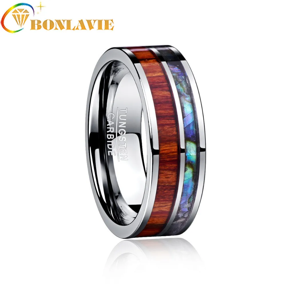 BONLAVIE 8mm Width Polished Wood Grain And Shell Men Rings Jewelry 100% Tungsten Steel Ring Man's Valentine's Day Gift Jewelry