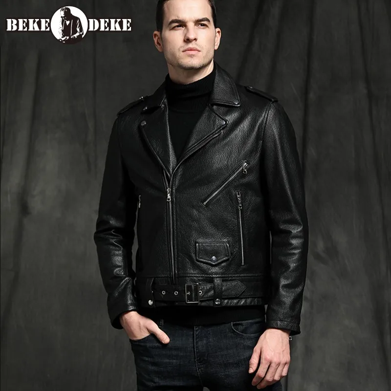 

Mens New Turn-Down Collar Zippers Genuine Leather Vintage Biker Jacket Fashion Slim Korean Style Male Business Casual Coat