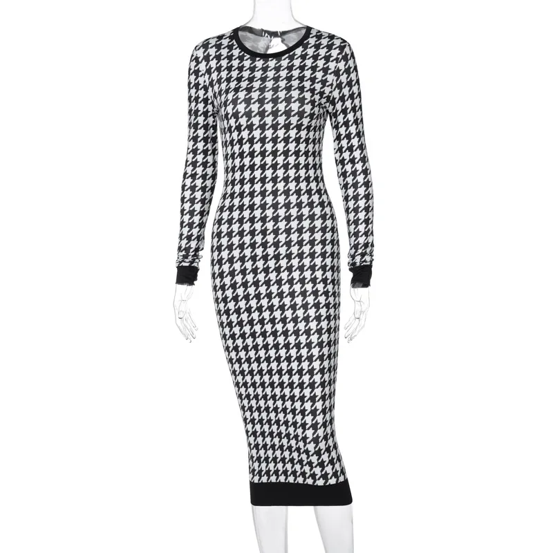 Houndstooth Print Women Long Sleeve Midi Dress Hollow Out Bodycon Sexy Streetwear 2023 Autumn Winter Club Elegant Slim